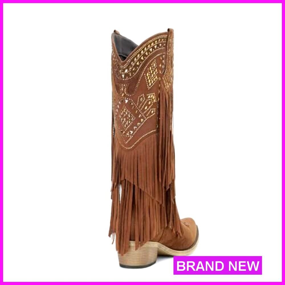 Knee High Cowgirl Western Boots Rhinestone Fringe Chunky Heel Pointed Toe - Picture 5 of 7